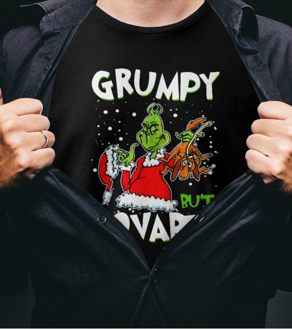 Grumpy But Lovable Grinch In Santa Suit Holding Max Illustrated T-Shirt