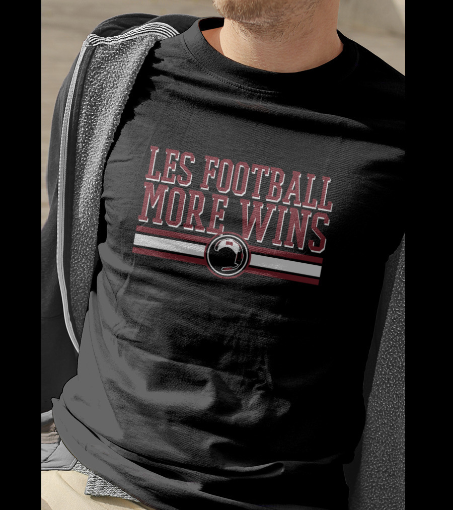 LES FOOTBALL MORE WINS Helmet Graphic Bold Red White Black Stripes T-Shirt
