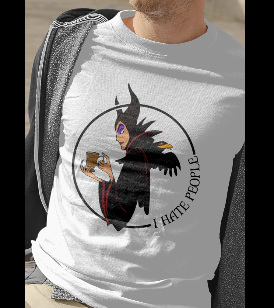 Maleficent Coffee Holding With I Hate People Text And Raven On Shoulder T-Shirt