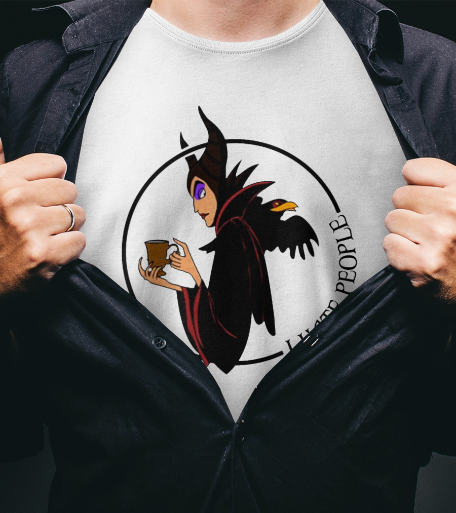 Maleficent Coffee Holding With I Hate People Text And Raven On Shoulder T-Shirt