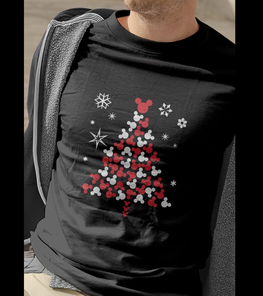 Mickey Mouse Head Christmas Tree With Snowflakes And Stars T-Shirt