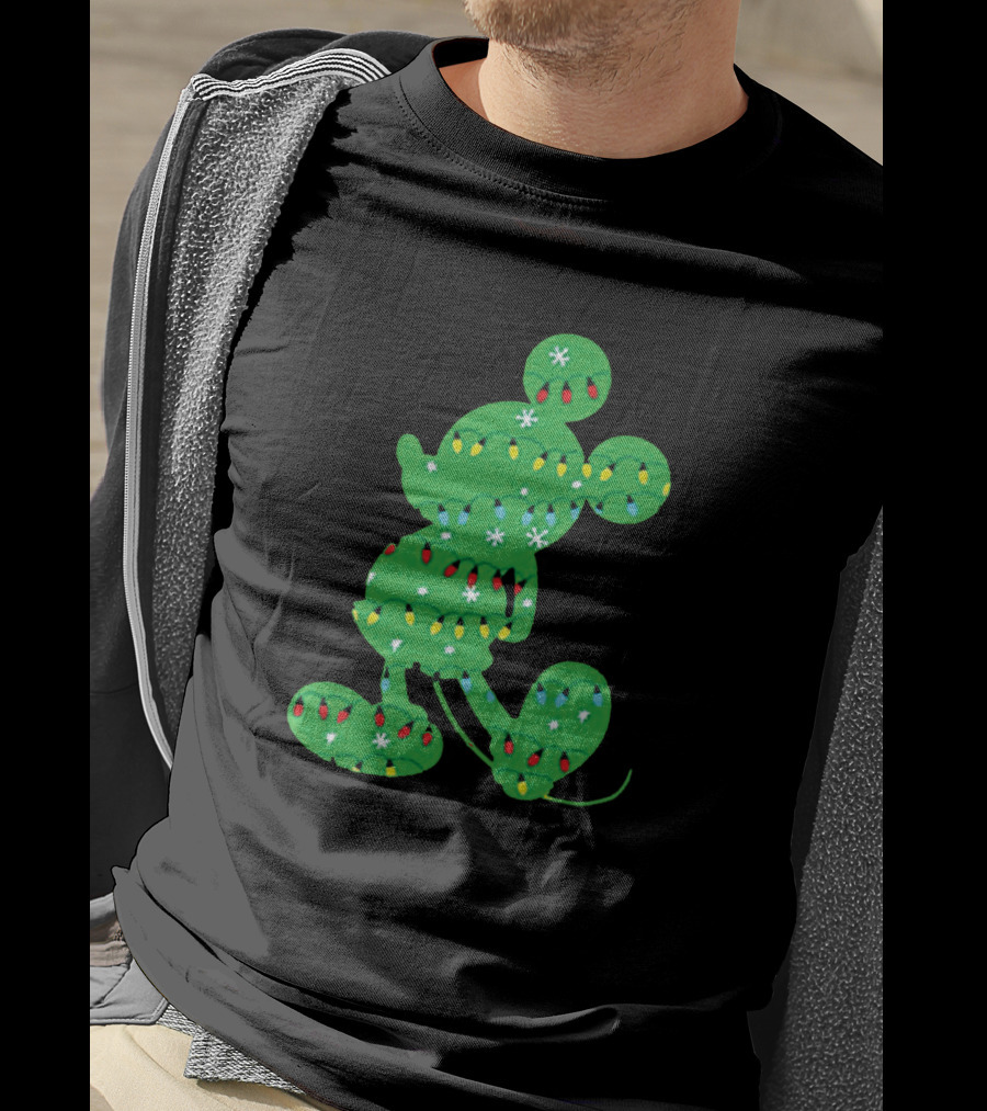 Mickey Mouse Silhouette With Festive Christmas Lights And Green Holiday T-Shirt