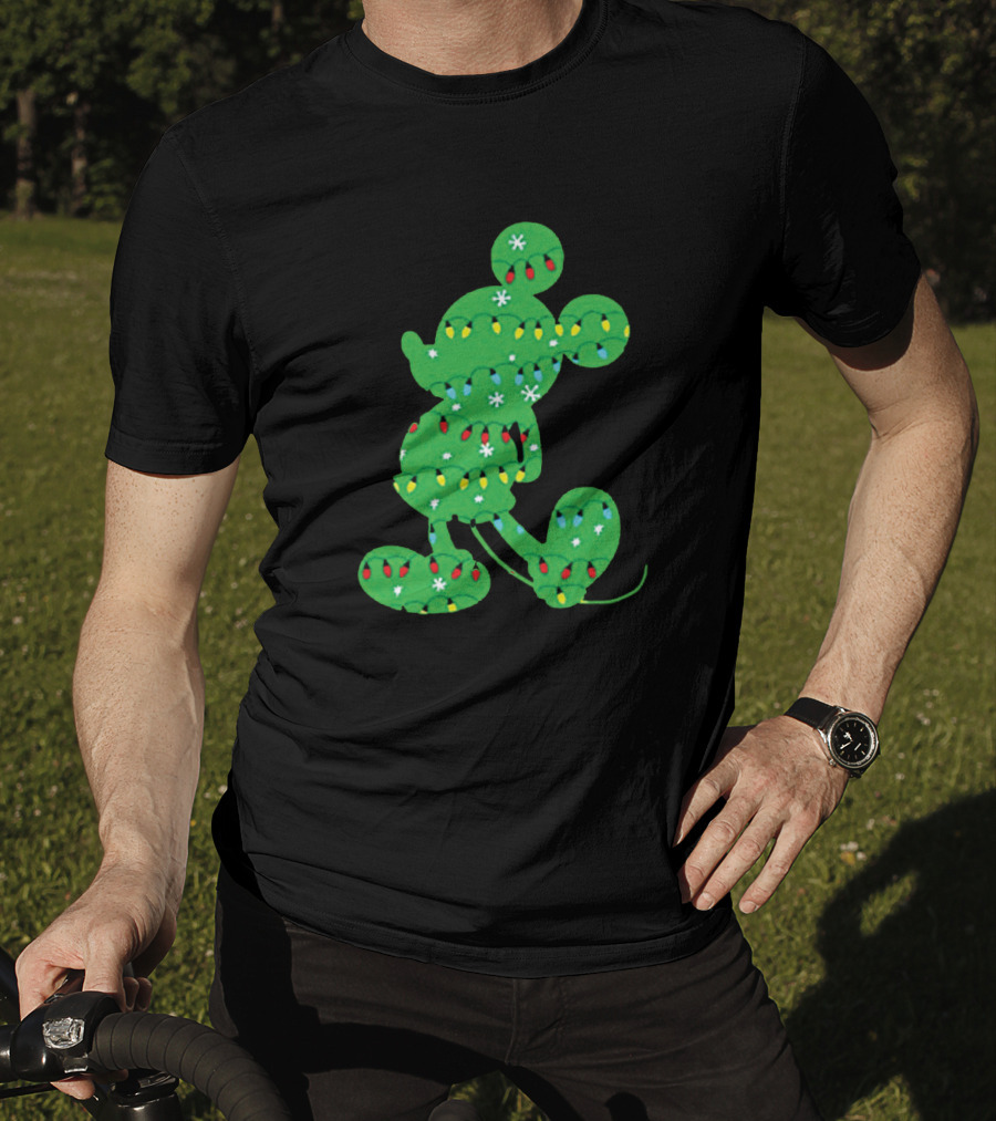 Mickey Mouse Silhouette With Festive Christmas Lights And Green Holiday T-Shirt