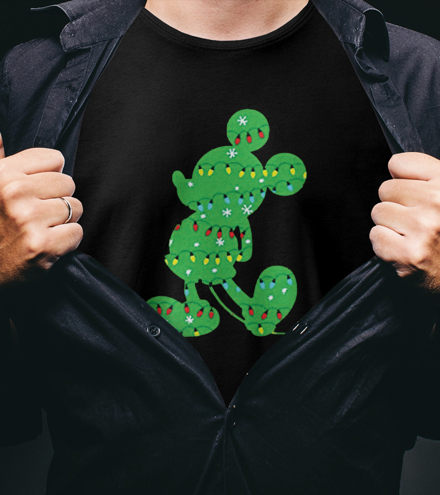 Mickey Mouse Silhouette With Festive Christmas Lights And Green Holiday T-Shirt