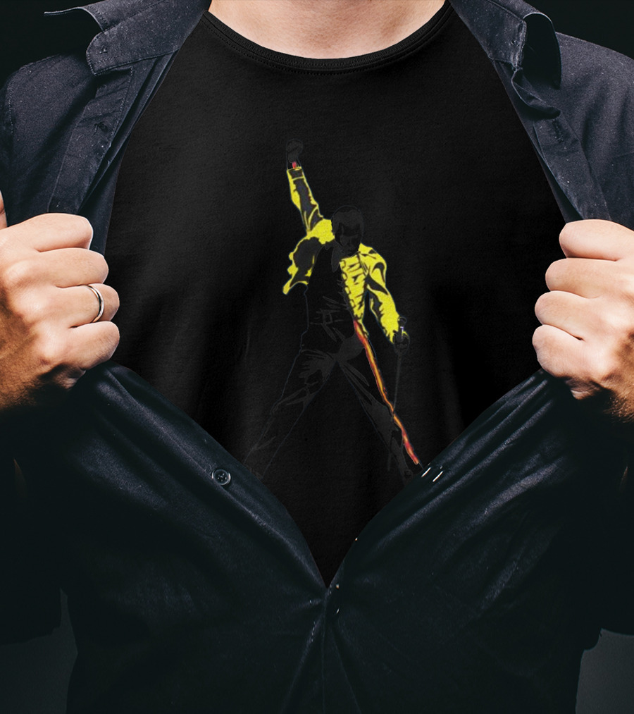 Queen Concert Iconic Freddie Mercury Silhouette With Yellow Jacket And Microphone T-Shirt