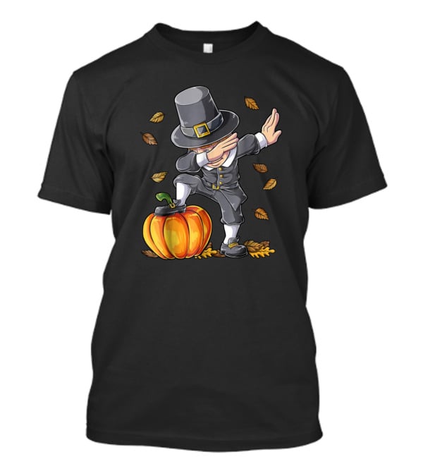 Pilgrim Dabbing On Pumpkin With Falling Autumn Leaves T-Shirt