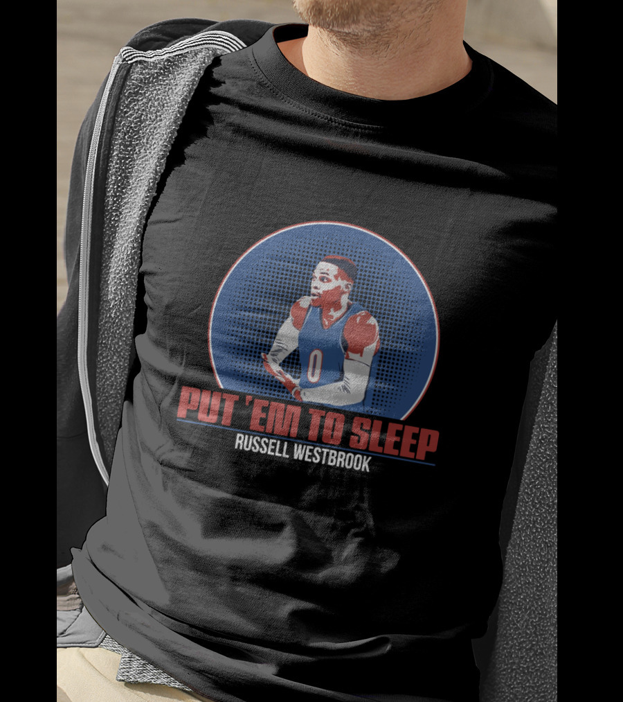 Russell Westbrook PUT 'EM TO SLEEP Basketball Image With Blue And Red Athletic T-Shirt