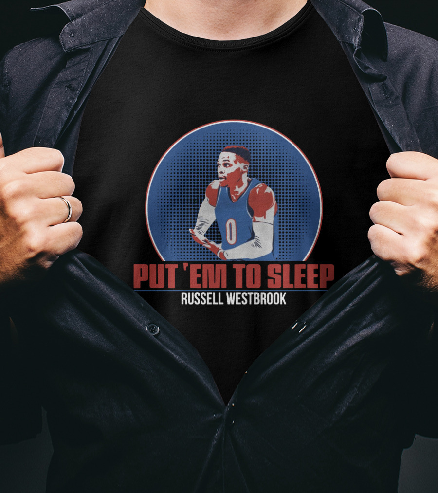 Russell Westbrook PUT 'EM TO SLEEP Basketball Image With Blue And Red Athletic T-Shirt