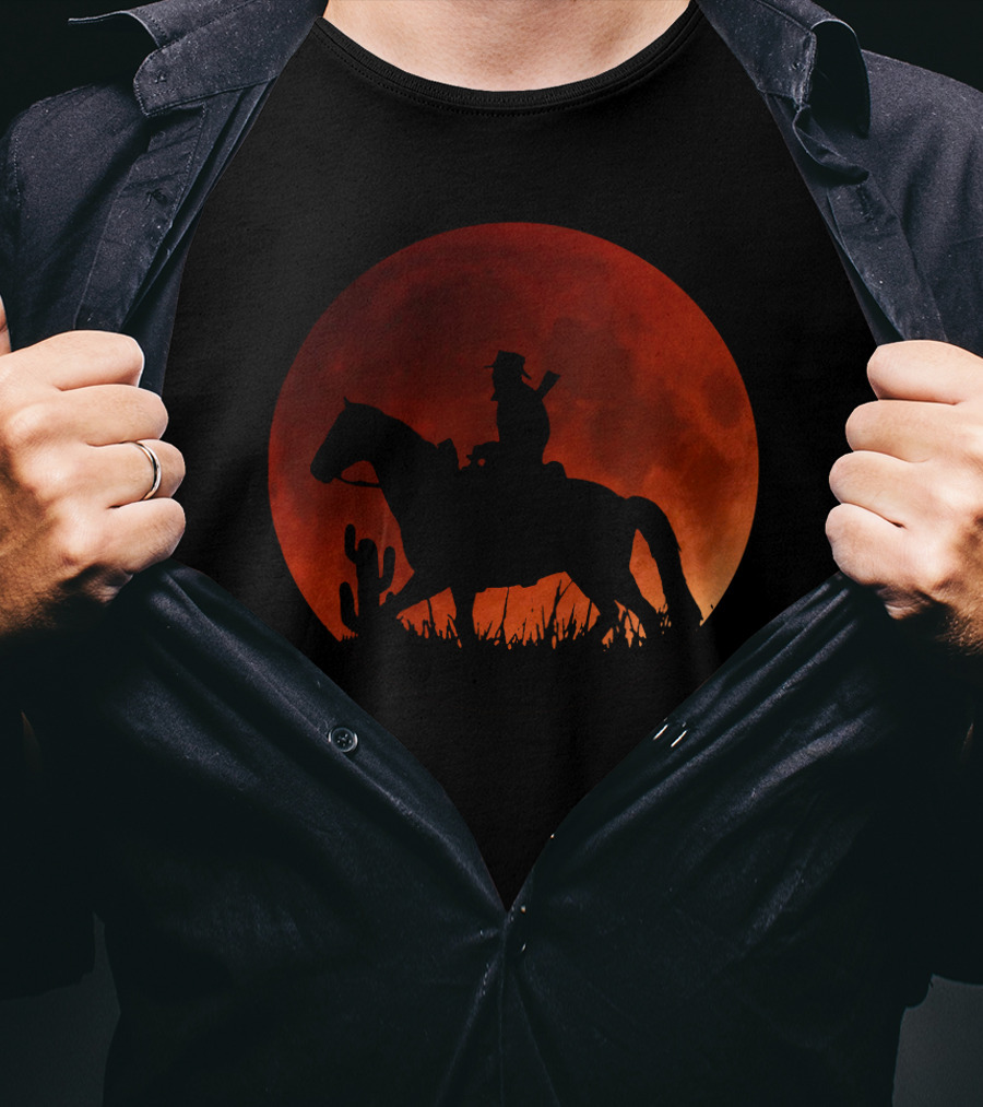 Red Moon Cowboy Riding Silhouette Red Dead Redemption T-Shirt