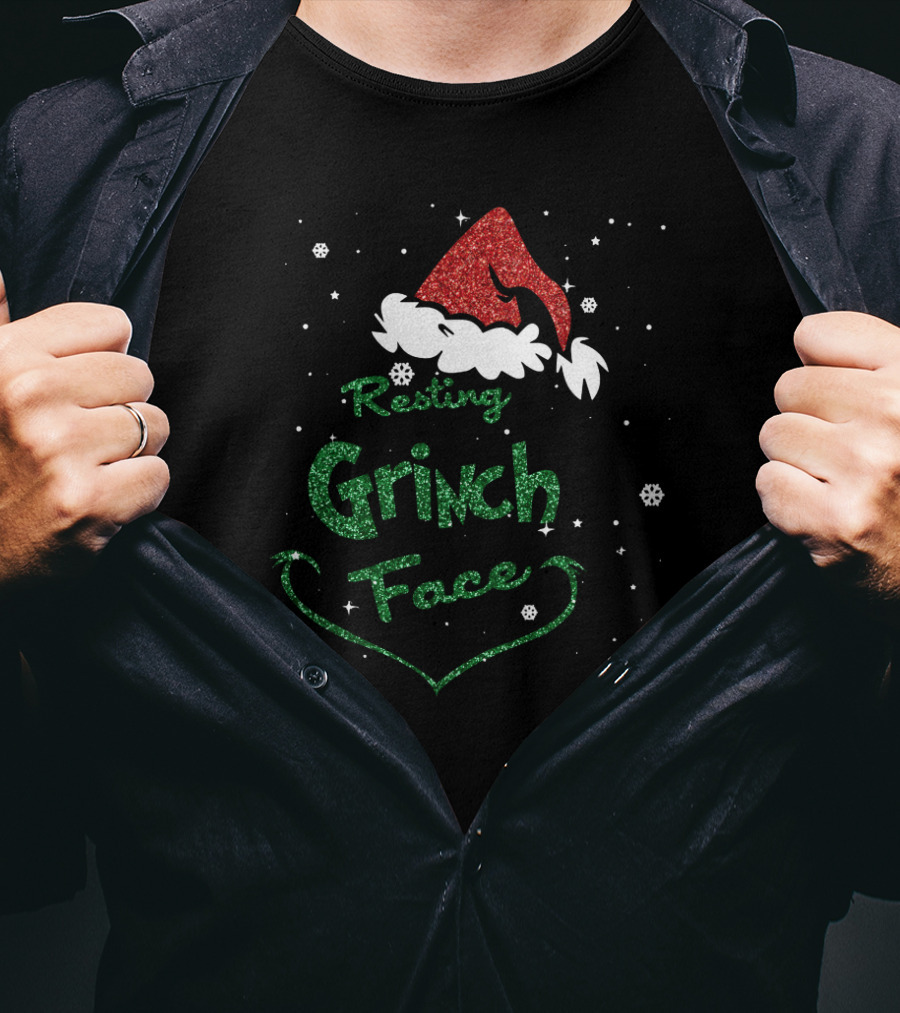 Resting Grinch Face Santa Hat Snowflakes T-Shirt