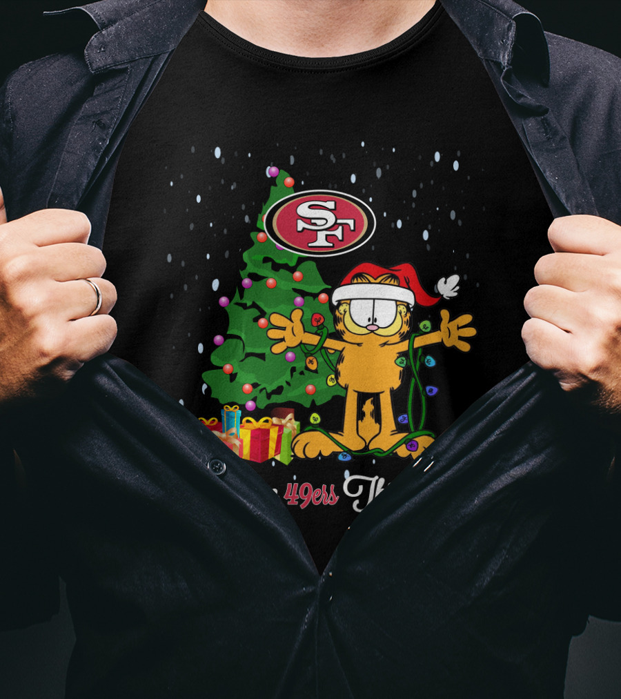 I Love 49ers This Big SF Christmas Tree Garfield Santa Hat T-Shirt