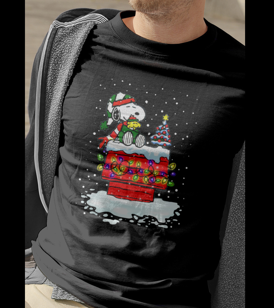Snoopy Christmas Lights On Doghouse With Woodstock And Winter Scene From Peanuts T-Shirt