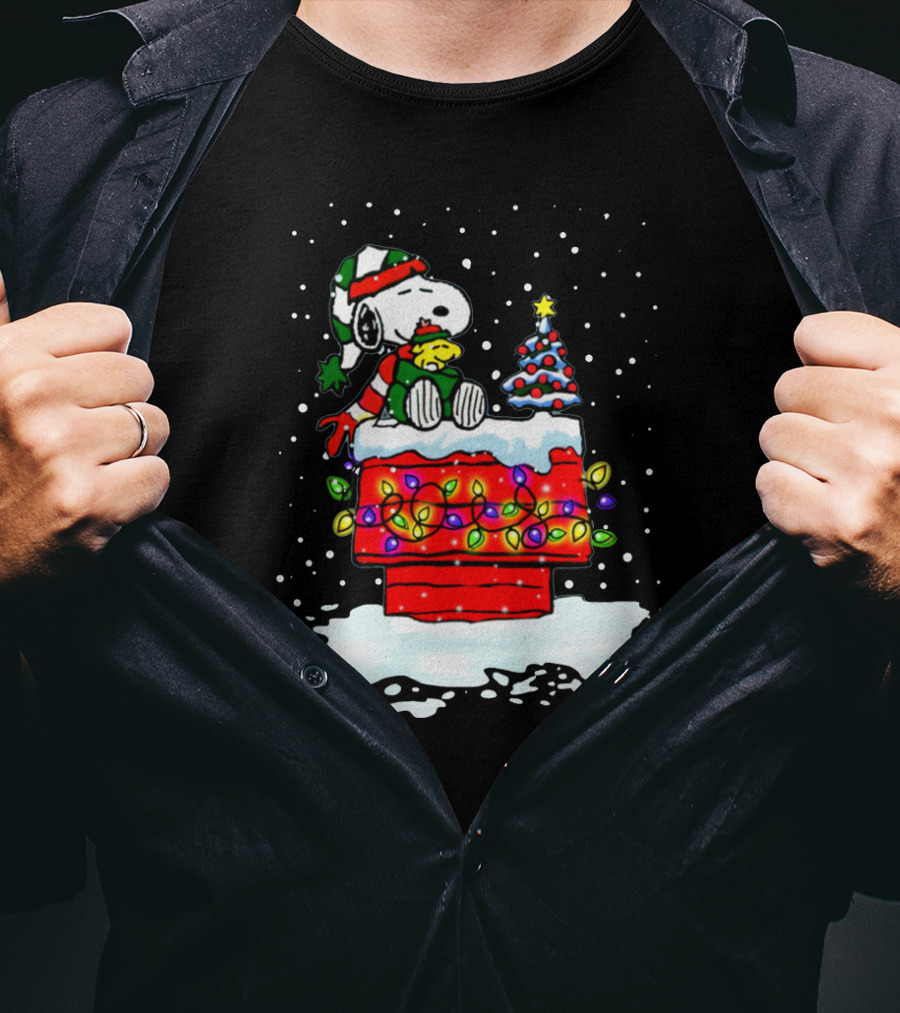 Snoopy Christmas Lights On Doghouse With Woodstock And Winter Scene From Peanuts T-Shirt