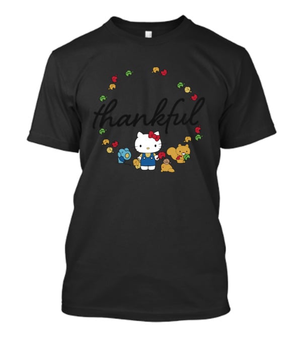 Thankful Hello Kitty Surrounded By Colorful Autumn Leaves And Forest Friends T-Shirt