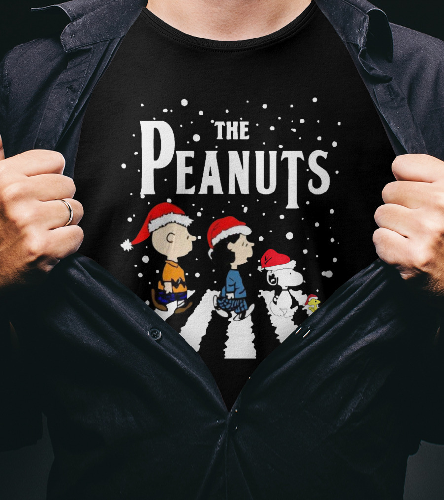 The Peanuts Christmas Abbey Road With Snoopy And Friends In Santa Hats T-Shirt