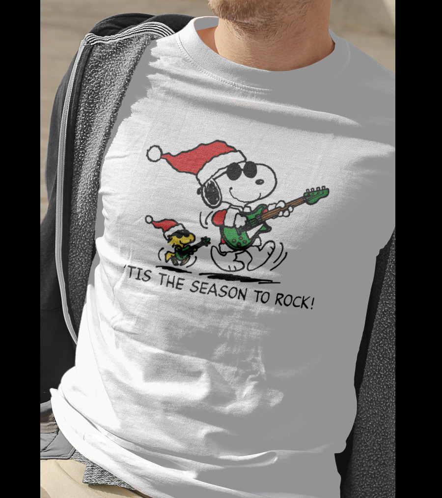 Snoopy And Woodstock Santa Rocking Guitars 'Tis The Season To Rock T-Shirt