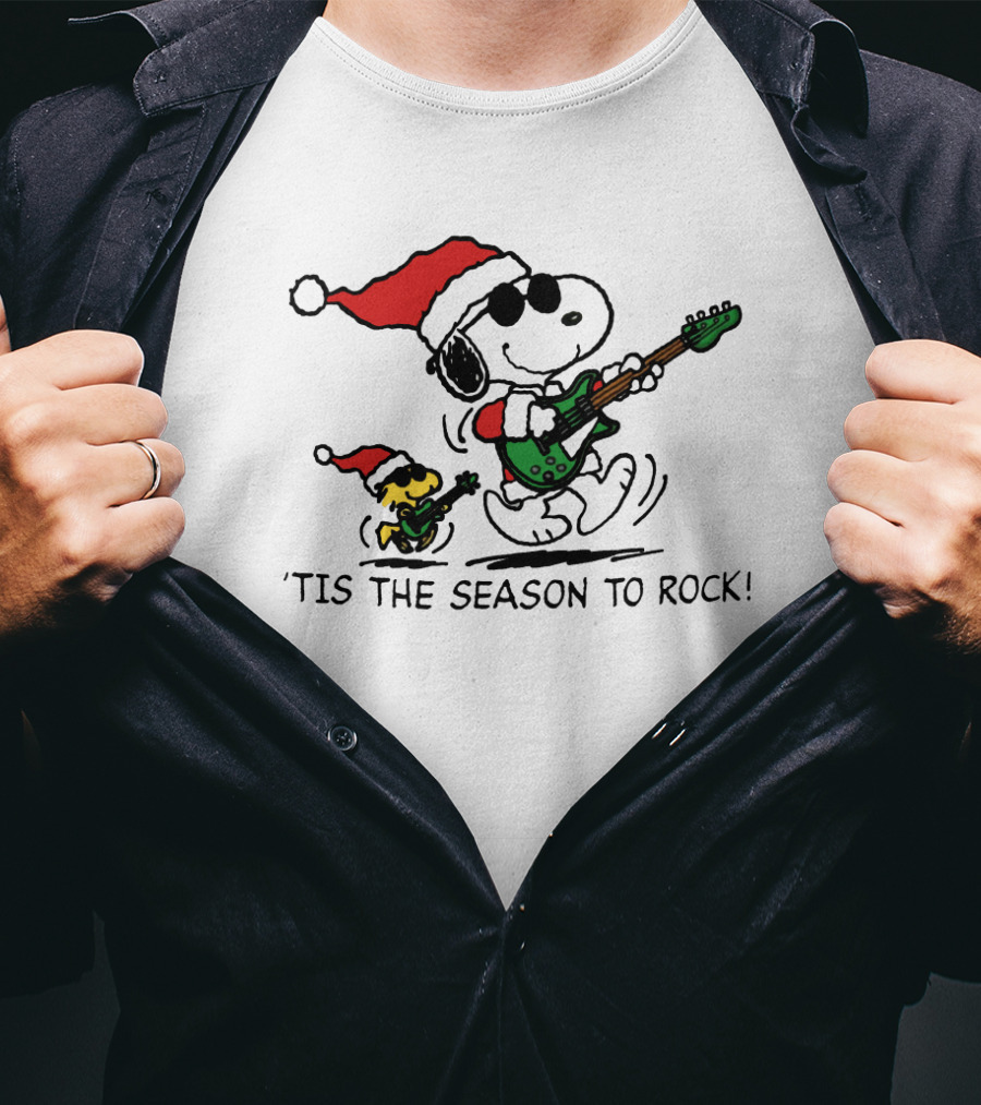 Snoopy And Woodstock Santa Rocking Guitars 'Tis The Season To Rock T-Shirt