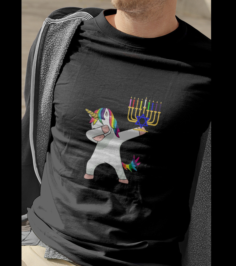 Unicorn Dabbing With Menorah Hanukkah Rainbow Mane And Tail T-Shirt