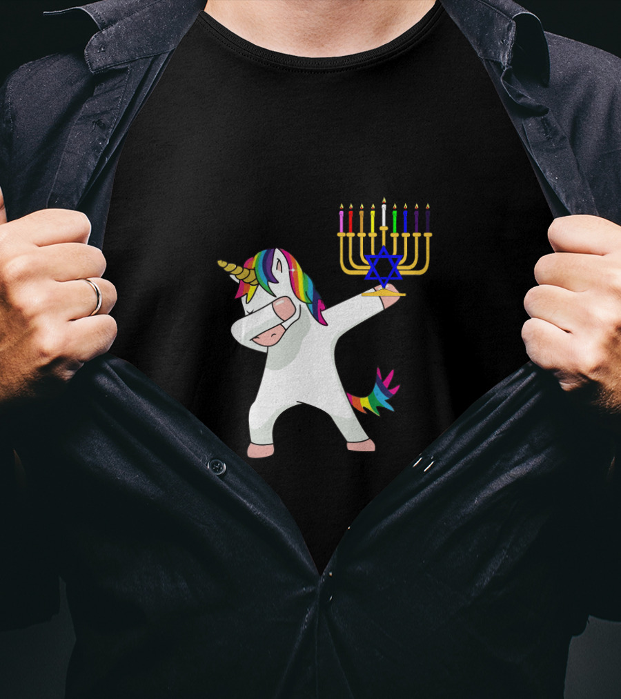 Unicorn Dabbing With Menorah Hanukkah Rainbow Mane And Tail T-Shirt