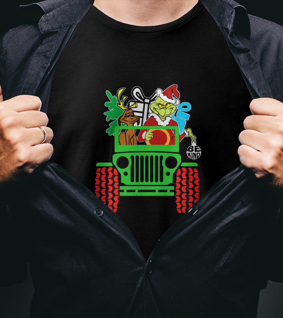 Be Kind Christmas Grinch And Dog In Jeep With Gifts T-Shirt
