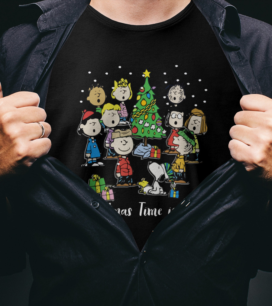 Peanuts Christmas Time Is Here Snoopy And Characters Around Christmas Tree T-Shirt