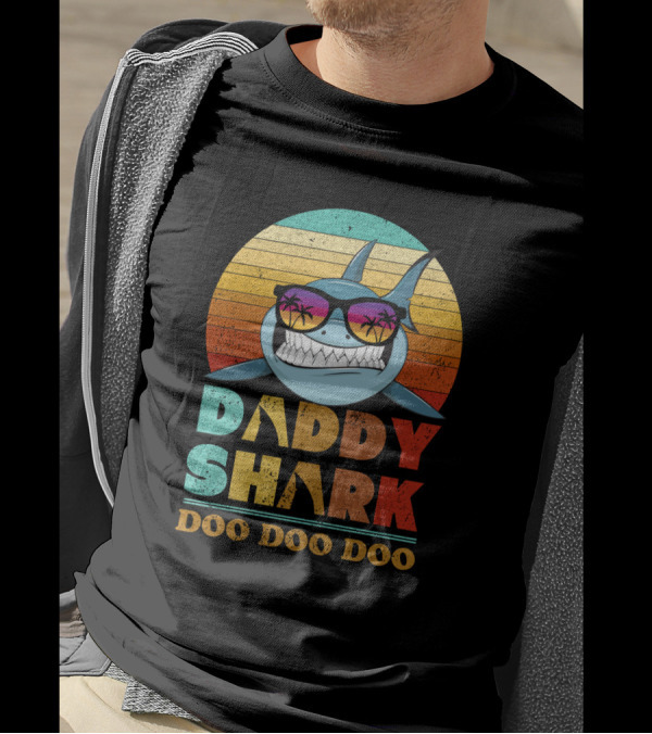 Daddy Shark Doo Doo Doo Retro Sunset Sunglasses Palms Colorful T-Shirt