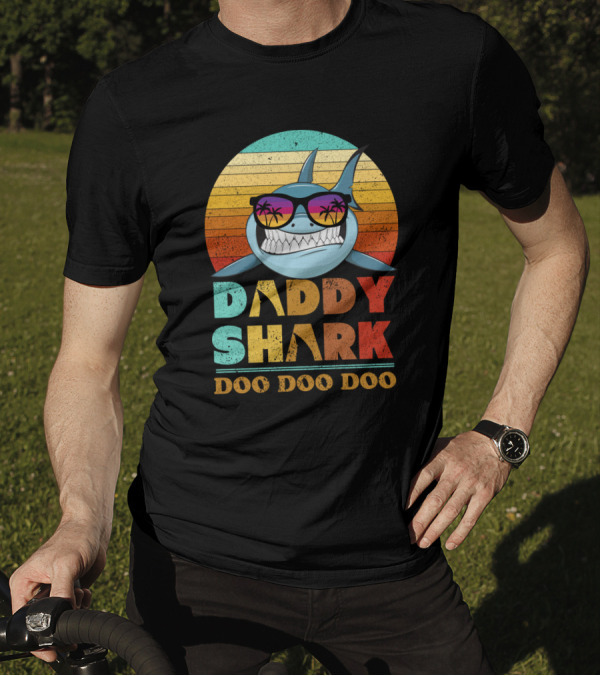 Daddy Shark Doo Doo Doo Retro Sunset Sunglasses Palms Colorful T-Shirt