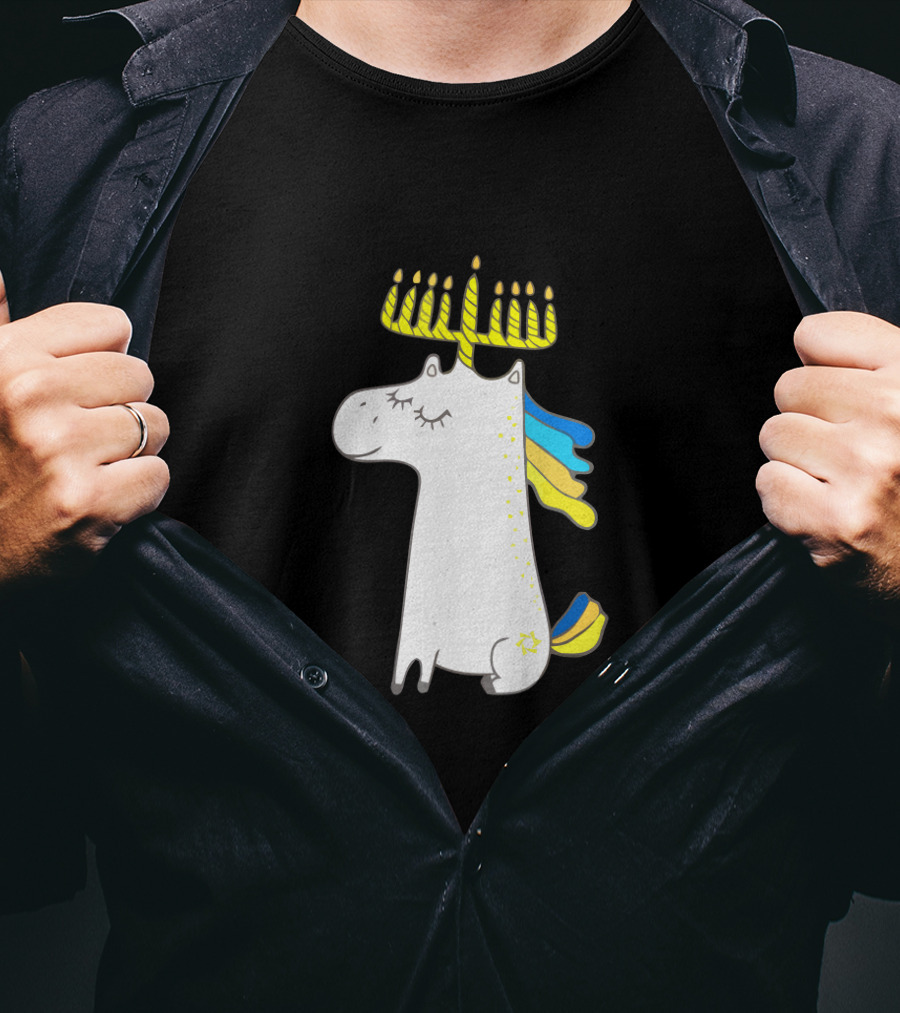 Unicorn With Menorah Horn And Star T-Shirt
