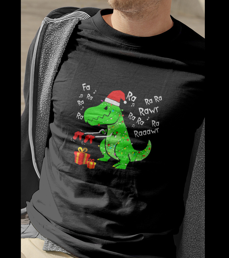Santa Hat Dinosaur With Christmas Lights And Presents Singing Fa Ra Ra Ra Rawr Raaawr Tree Rex T-Shirt