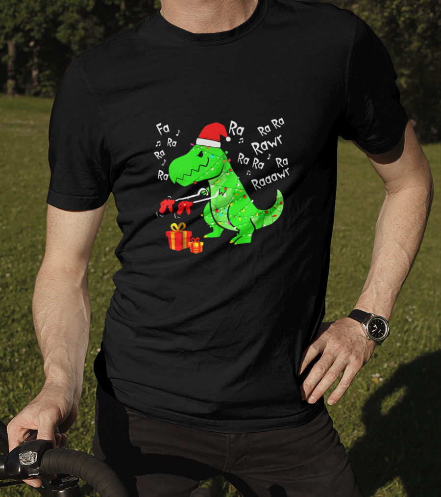Santa Hat Dinosaur With Christmas Lights And Presents Singing Fa Ra Ra Ra Rawr Raaawr Tree Rex T-Shirt
