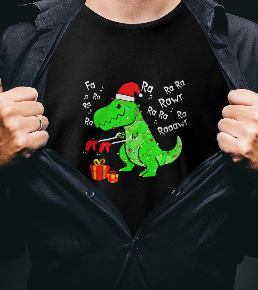 Santa Hat Dinosaur With Christmas Lights And Presents Singing Fa Ra Ra Ra Rawr Raaawr Tree Rex T-Shirt