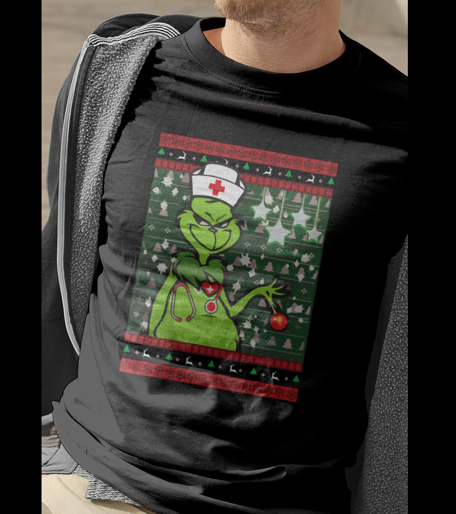 Nurse Ugly Sweater Merry Christmas Grinch With Nurse Hat And Stethoscope T-Shirt