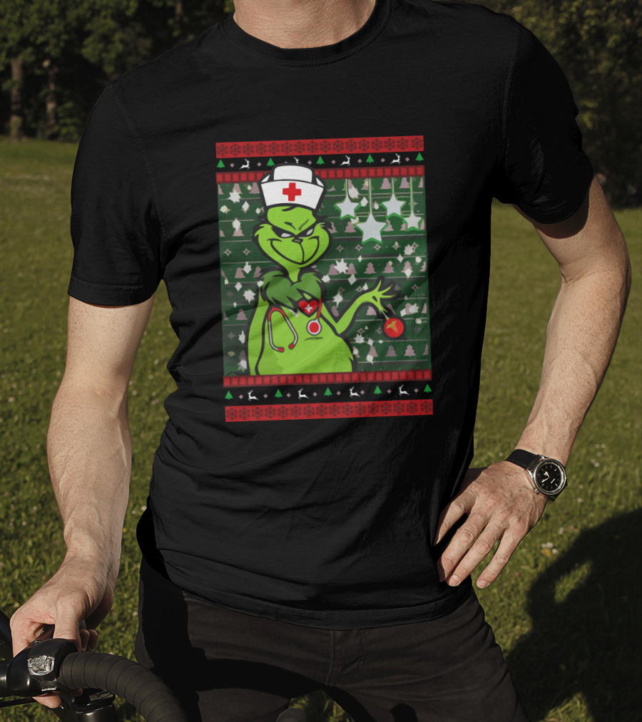 Nurse Ugly Sweater Merry Christmas Grinch With Nurse Hat And Stethoscope T-Shirt