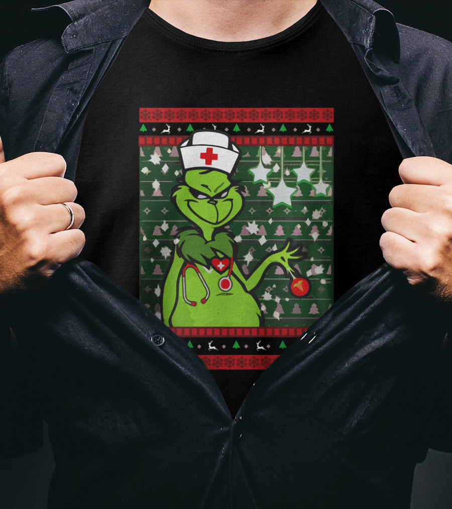 Nurse Ugly Sweater Merry Christmas Grinch With Nurse Hat And Stethoscope T-Shirt