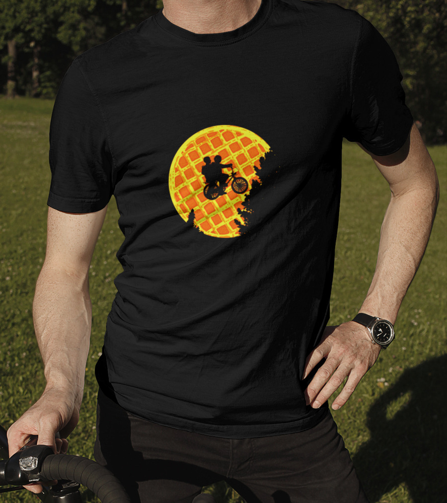 Stranger Things Bicycle Silhouette Against Waffle Moon T-Shirt