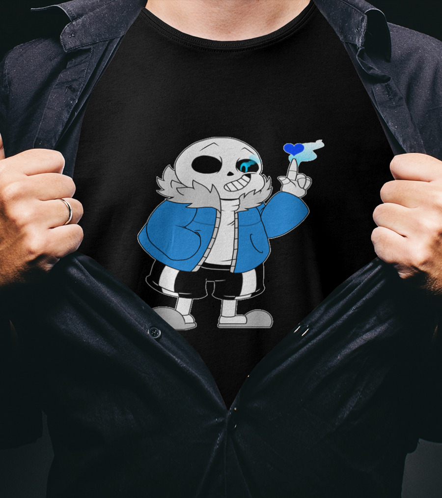 Sans Undertale Character With Blue Heart And Skeleton Jacket Look T-Shirt