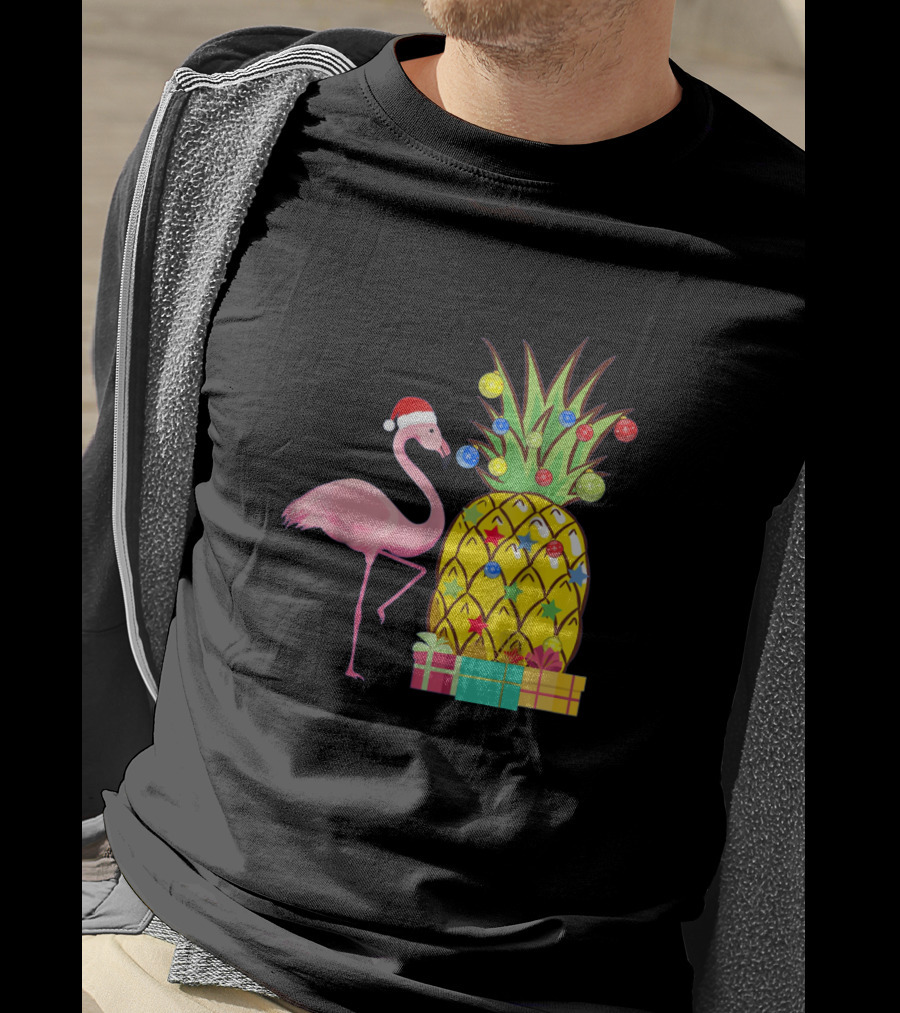 Santa Flamingo Christmas Pineapple With Colorful Ornaments And Holiday Gifts T-Shirt