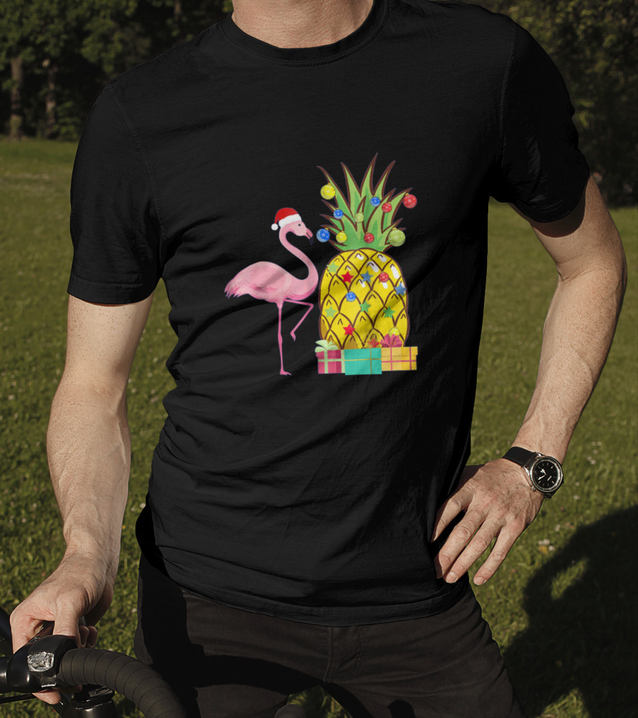 Santa Flamingo Christmas Pineapple With Colorful Ornaments And Holiday Gifts T-Shirt