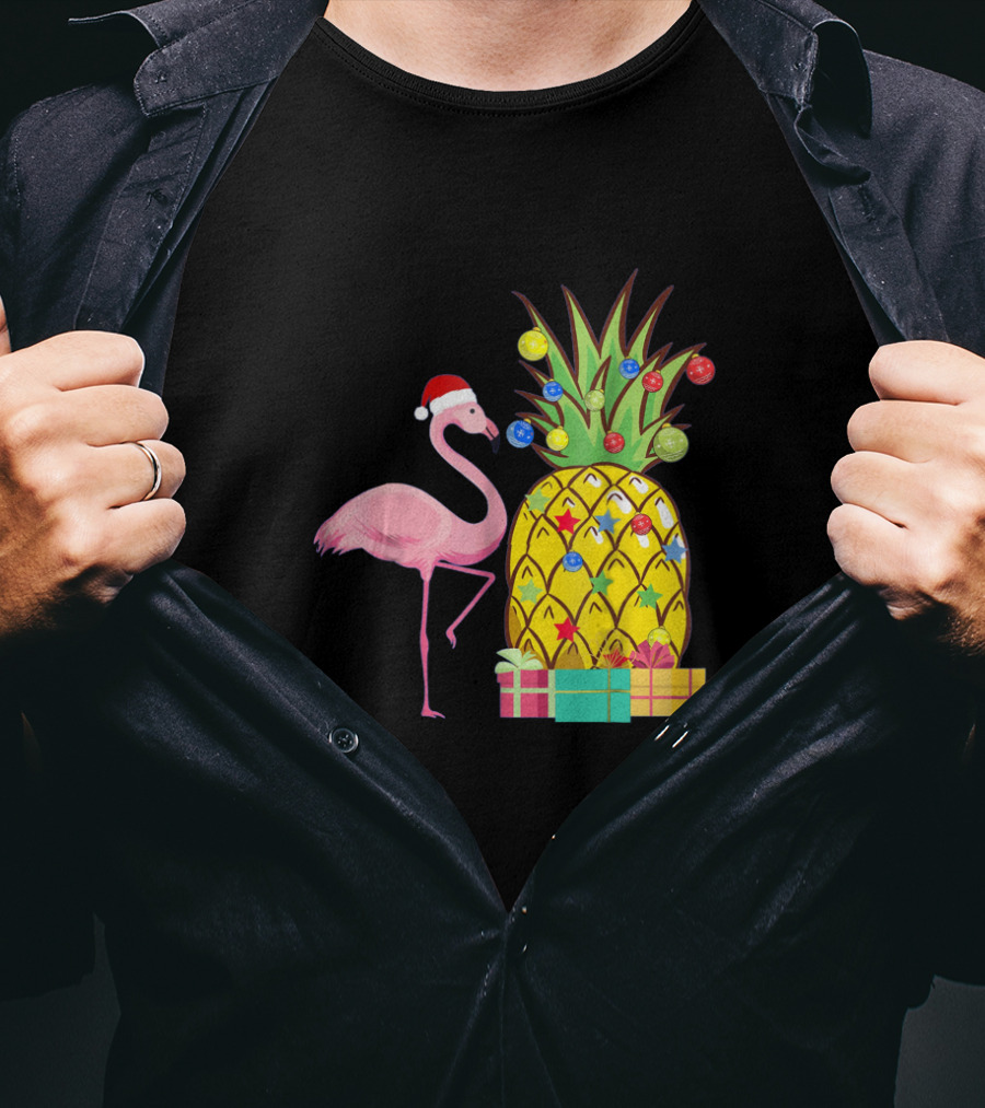 Santa Flamingo Christmas Pineapple With Colorful Ornaments And Holiday Gifts T-Shirt