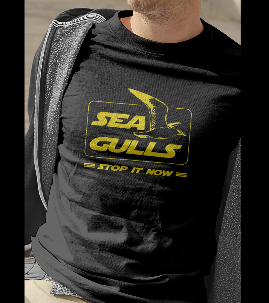 Seagulls Stop It Now Parody With Text In Bold Yellow Box Featuring Bird T-Shirt