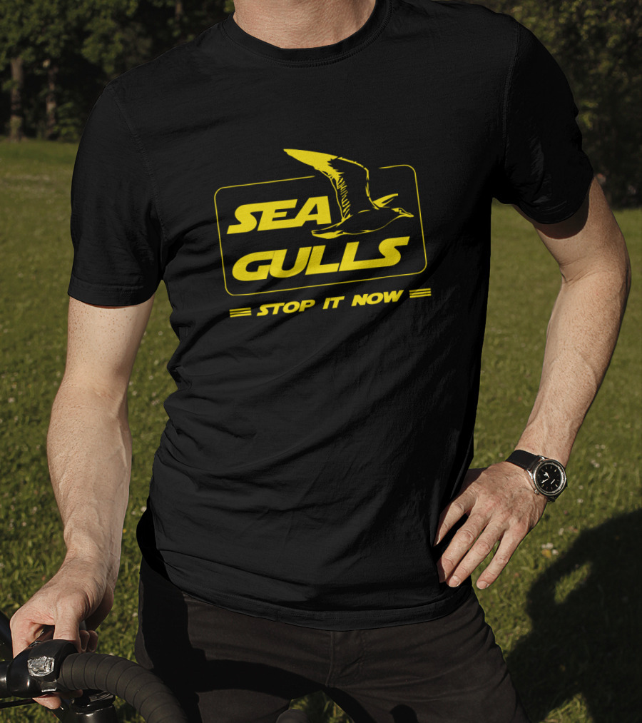 Seagulls Stop It Now Parody With Text In Bold Yellow Box Featuring Bird T-Shirt
