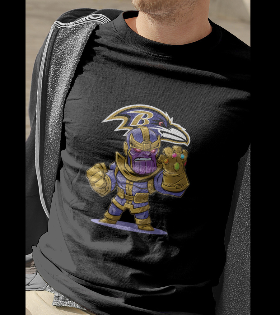 Thanos Marvel Character With Infinity Gauntlet And Baltimore Ravens Nfl T-Shirt