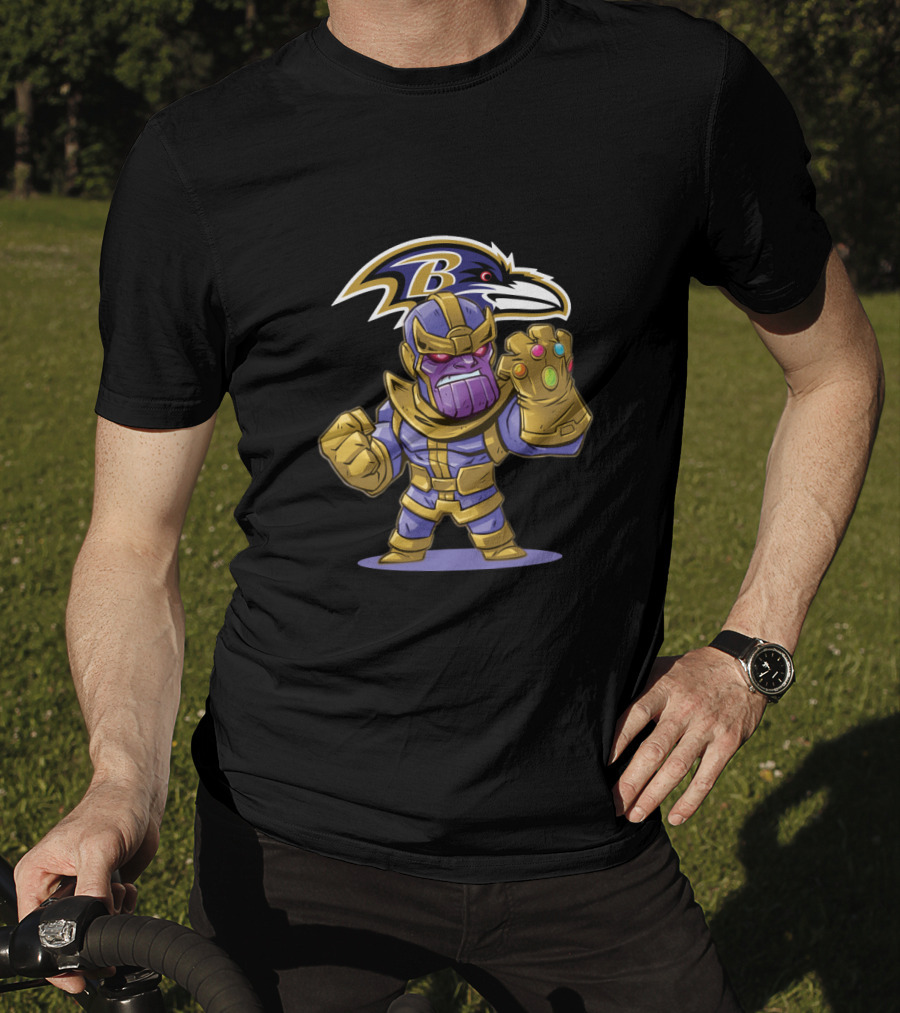 Thanos Marvel Character With Infinity Gauntlet And Baltimore Ravens Nfl T-Shirt