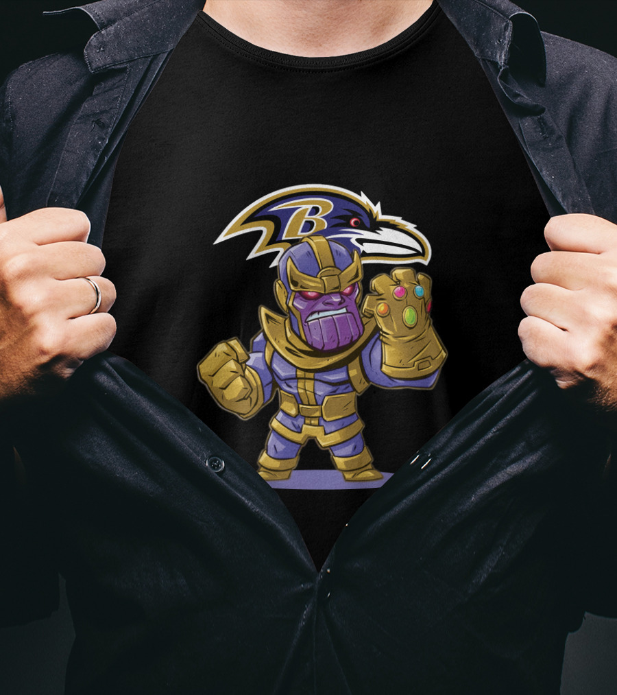 Thanos Marvel Character With Infinity Gauntlet And Baltimore Ravens Nfl T-Shirt