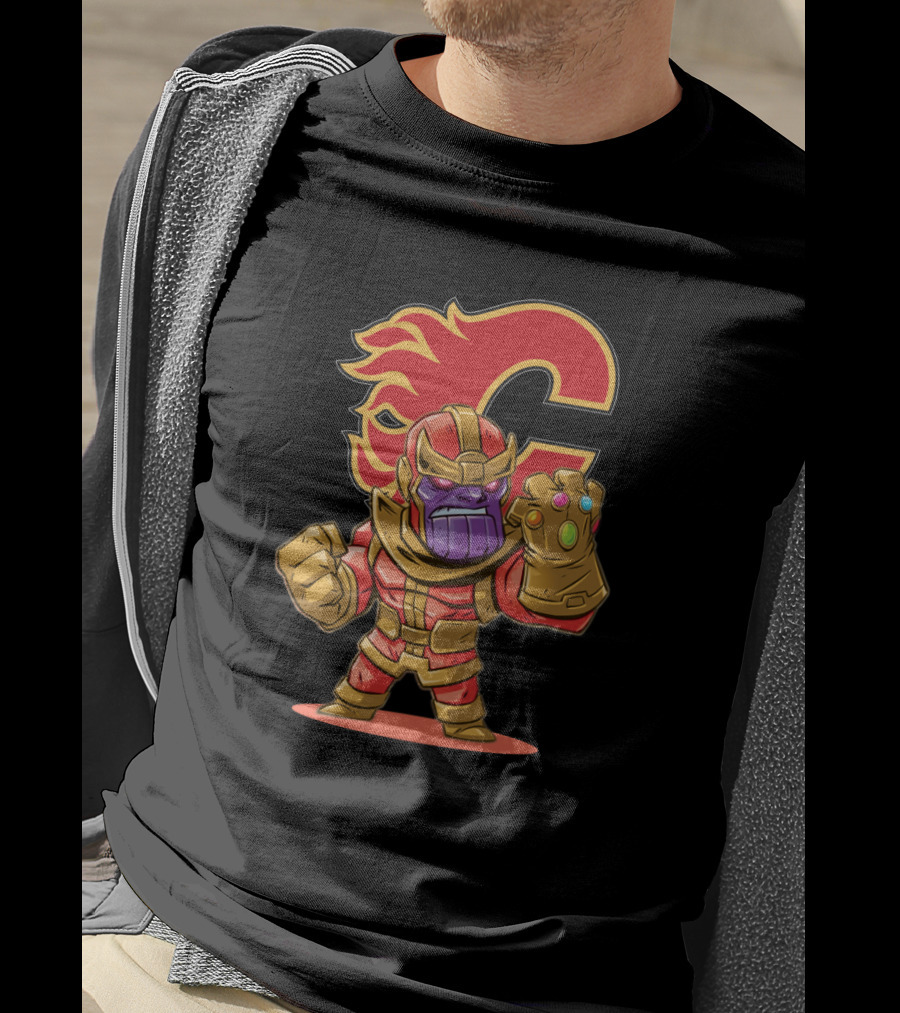 Thanos In Calgary Flames Colors With Team Logo Background T-Shirt