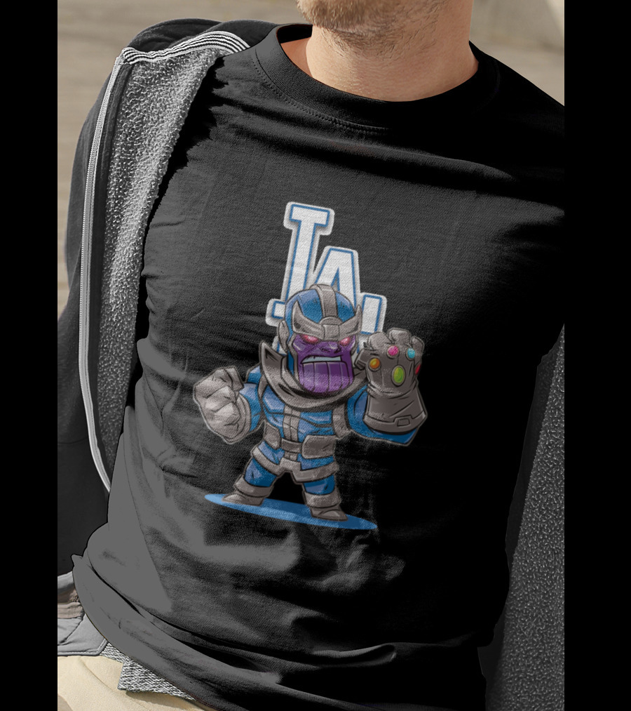 Thanos In Los Angeles Dodgers Colors With Infinity Gauntlet Front Of LA T-Shirt
