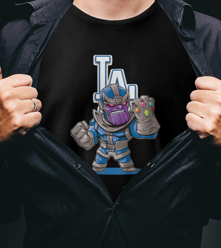 Thanos In Los Angeles Dodgers Colors With Infinity Gauntlet Front Of LA T-Shirt