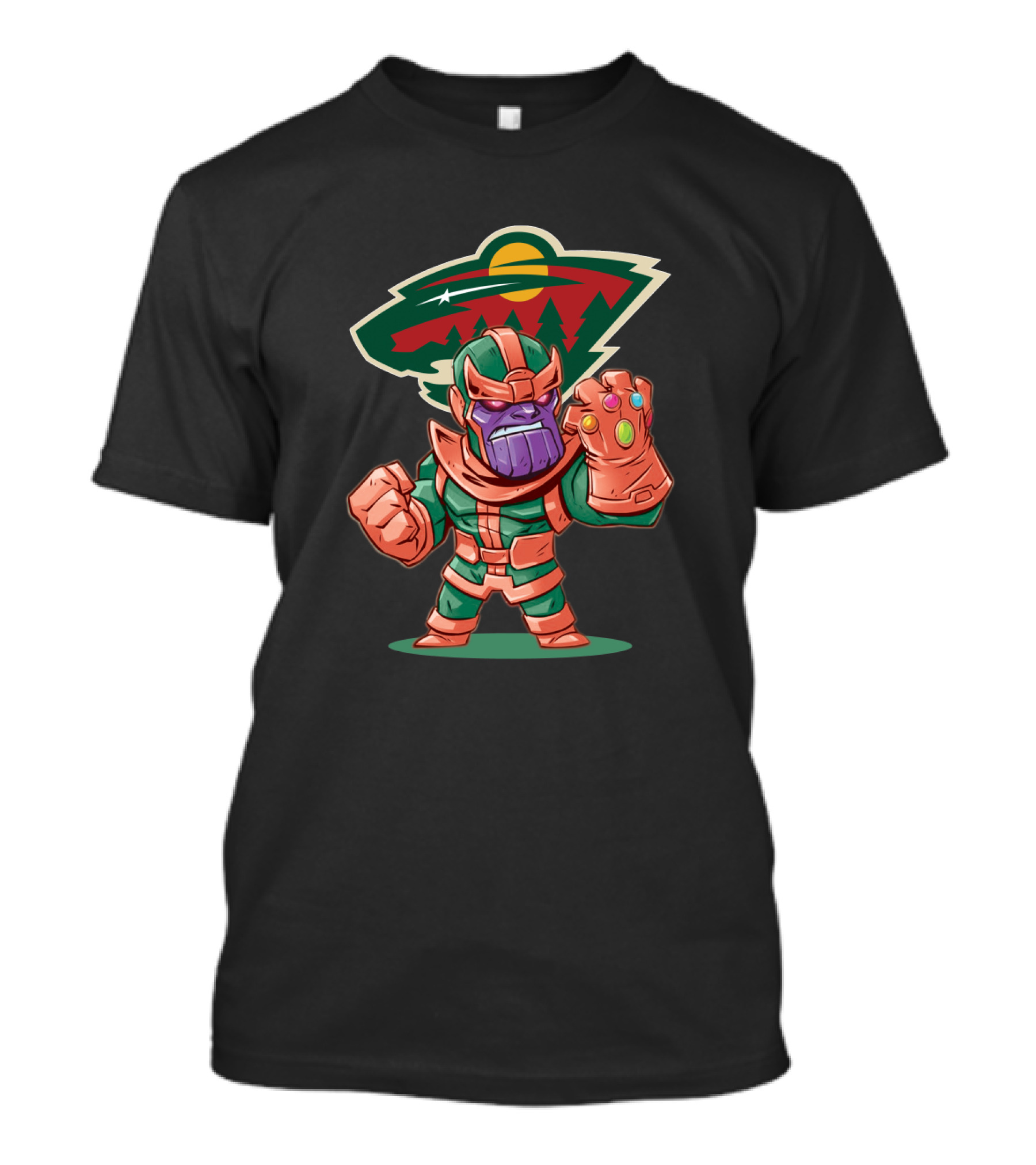Thanos Cartoon With Infinity Gauntlet And Minnesota Wild Logo Background T-Shirt