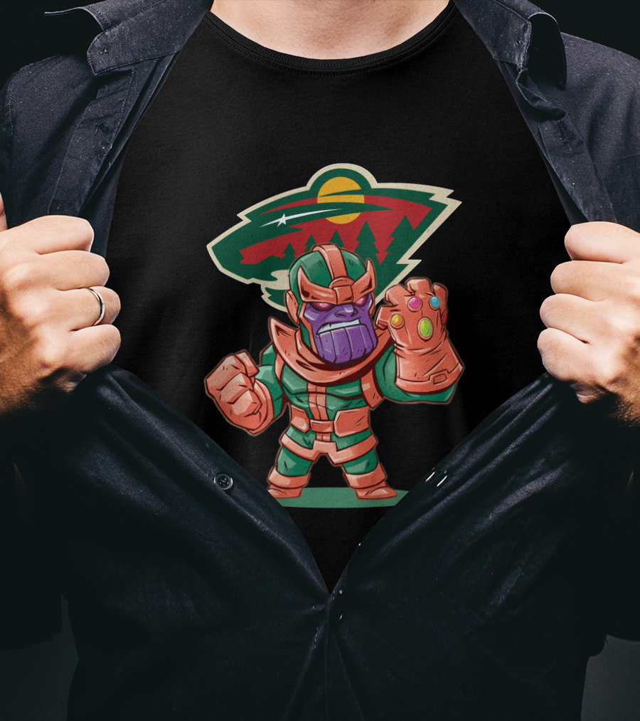 Thanos Cartoon With Infinity Gauntlet And Minnesota Wild Logo Background T-Shirt