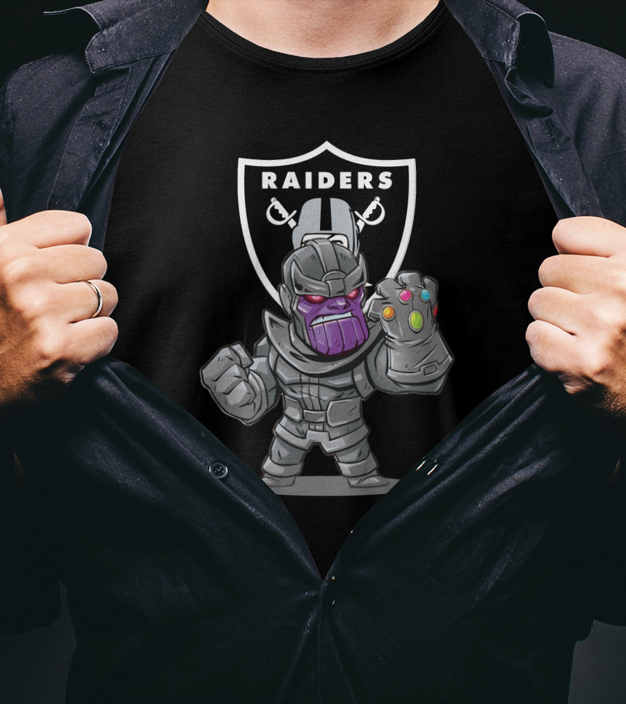 Raiders Shield With Thanos Character Holding Infinity Gauntlet T-Shirt